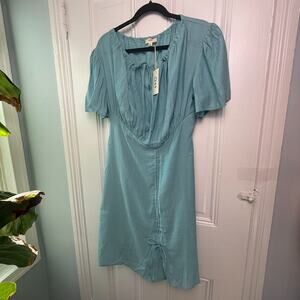 OTT Turquoise Mini Dress Flowy Ruched Womens Size L NWT Beachy Resort Vacation